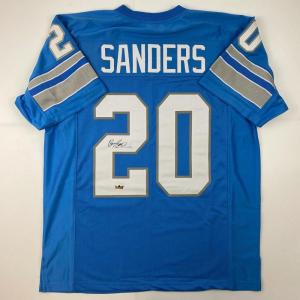 imageFacsimile Autographed Barry Sanders Detroit Blue Reprint Laser Auto Football Jersey Size Mens XL