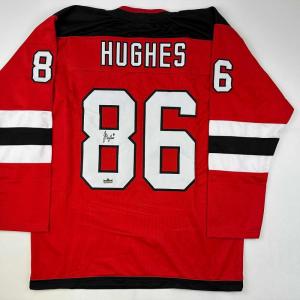 imageFacsimile Autographed Jack Hughes New Jersey Red Reprint Laser Auto Hockey Jersey Size Mens XL