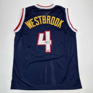 imageFacsimile Autographed Russell Westbrook Denver Blue Reprint Laser Auto Basketball Jersey Size Mens XL