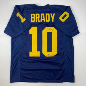 imageFacsimile Autographed Tom Brady Michigan Blue Reprint Laser Auto College Football Jersey Size Mens XL