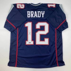 imageFacsimile Autographed Tom Brady New England Blue Reprint Laser Auto Football Jersey Size Mens XL