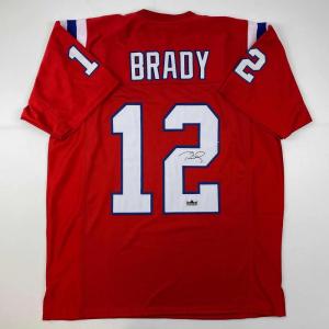imageFacsimile Autographed Tom Brady New England Red Reprint Laser Auto Football Jersey Size Mens XL