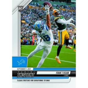 image2025 Panini Instant NFL Isaac TeSlaa 65 Stretches for Sensational Touchdown Grab Detroit Lions Rookie RC Football Card