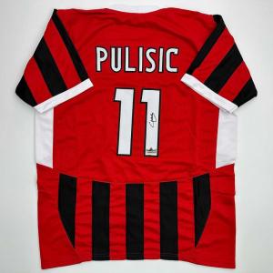 imageFacsimile Autographed Christian Pulisic AC Milan BlackRed Reprint Laser Auto Soccer Jersey Size Mens XL