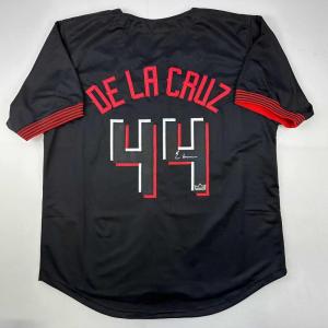imageFacsimile Autographed Elly De La Cruz Cincinnati Black City Connect Reprint Laser Auto Baseball Jersey Size Mens XL