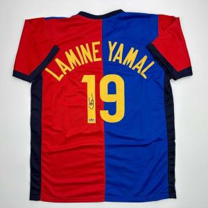 imageFacsimile Autographed Lamine Yamal 19 FC Barcelona BlueRed Reprint Laser Auto Soccer Jersey Size Mens XL