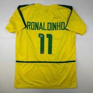 imageFacsimile Autographed Ronaldinho Brazil Yellow World Cup Reprint Laser Auto Soccer Jersey Size Mens XL
