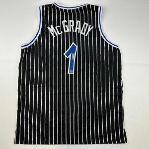 imageFacsimile Autographed Tracy McGrady Orlando Black Pinstripe Reprint Laser Auto Basketball Jersey Size Mens XL
