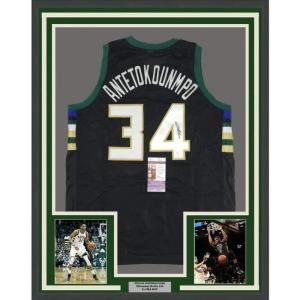 imageFramed AutographedSigned Giannis Antetokounmpo 33x42 Milwaukee Black Basketball Jersey JSA COA