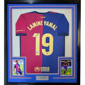 imageFramed AutographedSigned Lamine Yamal 35x39 FC Barcelona Blue Soccer Jersey Beckett BAS COA