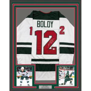 imageFramed AutographedSigned Matt Boldy 35x39 Minnesota White Hockey Jersey Beckett BAS COA