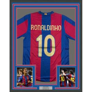 imageFramed AutographedSigned Ronaldinho 35x39 Barcelona BlueRed Soccer Jersey Beckett BAS COA