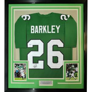 imageFramed AutographedSigned Saquon Barkley 35x39 Philadelphia Kelly Green Football Jersey Beckett BAS COA