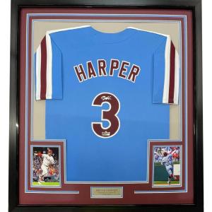 imageFramed Facsimile Autographed Bryce Harper 35x39 Philadelphia Blue Retro Reprint Laser Auto Baseball Jersey