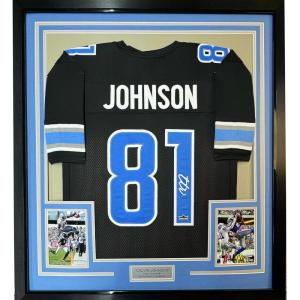 imageFramed Facsimile Autographed Calvin Johnson 35x39 Detroit Black Reprint Laser Auto Football Jersey