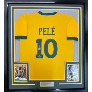 imageFramed Facsimile Autographed Pele 35x39 Brazil Yellow World Cup Reprint Laser Auto Soccer Jersey