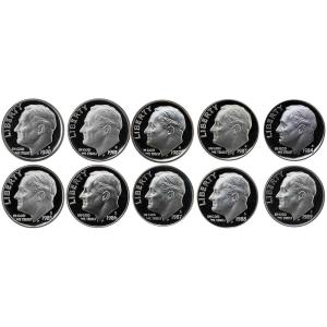 imageHall of Fame Sports Memorabilia  1980 S 1981 1982 1983 1984 1985 1986 1987 1988 1989 Roosevelt Dimes  10 Coins  Complete Decade  All S Mint Mark  Collection US Mint Gem Proof