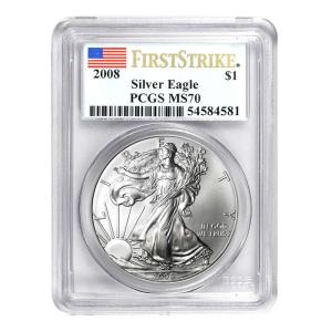 imageHall of Fame Sports Memorabilia  2008 1 American Silver Eagle First Strike  The Perfect Coin  PCGS MS70 Professionally Graded