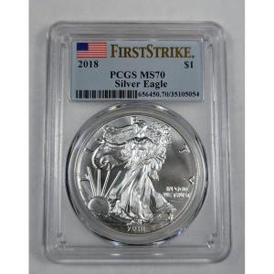 imageHall of Fame Sports Memorabilia  2018 1 America Silver Eagle  First Strike Flag Series  Professionally Graded  PCGS MS70  The Perfect Coin