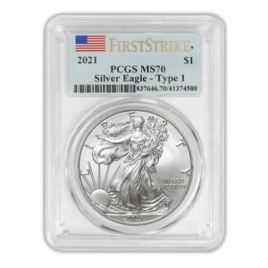 imageHall of Fame Sports Memorabilia  2021 1 America Silver Eagle  First Strike Flag Series  Type 1  Professionally Graded  PCGS MS70  The Perfect Coin