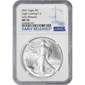 imageHall of Fame Sports Memorabilia  2021 1 America Silver Eagle Early Release  Type 2 Eagle Landing  NGC MS70  The Perfect Coin Professionally Graded
