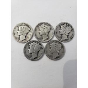 imageHall of Fame Sports Memorabilia 1920 PDS to 1929 Mercury Dimes  5 coins  All Different Dates  All coins are dated before 193010c  US Mint  Grade VG08 and better