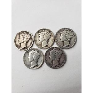 imageHall of Fame Sports Memorabilia 1930 PDS to 1939 Mercury Dimes All Different Dates  All Silver Coins dates before 194010c  US Mint  Grade VG08 and better Pack of 5 coins