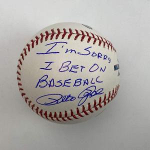 imageAutographedSigned Pete Rose Im Sorry I Bet On Baseball Rawlings ROML Rose Hologram COA