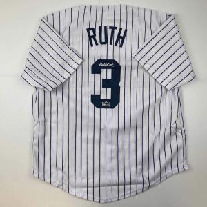 imageFacsimile Autographed Babe Ruth New York Pinstripe Reprint Laser Auto Baseball Jersey Size Mens XL