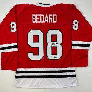 imageFacsimile Autographed Connor Bedard Chicago Red Reprint Laser Auto Hockey Jersey Size Mens XL