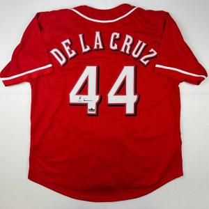 imageFacsimile Autographed Elly De La Cruz Cincinnati Red Reprint Laser Auto Baseball Jersey Size Mens XL