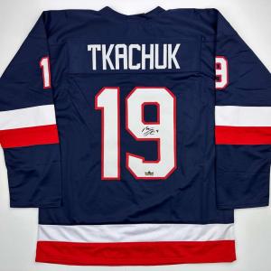 imageFacsimile Autographed Matthew Tkachuk United States USA Blue 2025 4 Nations FaceOff Reprint Laser Auto Hockey Jersey Size Mens XL