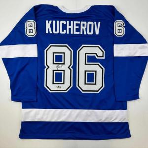 imageFacsimile Autographed Nikita Kucherov Tampa Bay Blue Reprint Laser Auto Hockey Jersey Size Mens XL