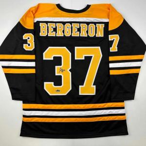 imageFacsimile Autographed Patrice Bergeron Boston Black Reprint Laser Auto Hockey Jersey Size Mens XL