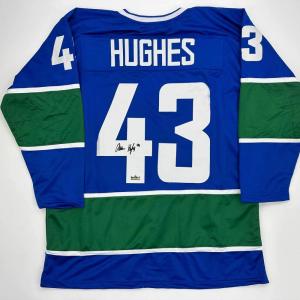 imageFacsimile Autographed Quinn Hughes Vancouver Blue Reprint Laser Auto Hockey Jersey Size Mens XL