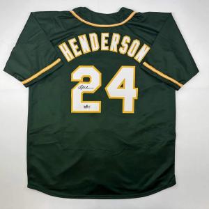 imageFacsimile Autographed Rickey Henderson Oakland Green Reprint Laser Auto Baseball Jersey Size Mens XL