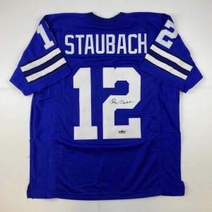 imageFacsimile Autographed Roger Staubach Dallas Blue Reprint Laser Auto Football Jersey Size Mens XL