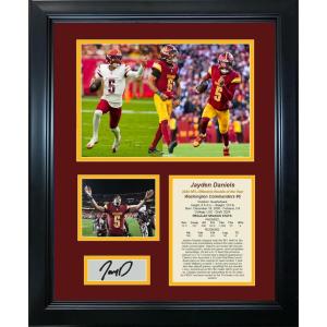 imageFramed Jayden Daniels 2024 NFL Offensive Rookie of the Year Washington Commanders Facsimile Laser Engraved Signature Auto Football 11quotx14quotPhoto Sig Collage