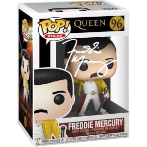 imageFreddie Mercury Queen 96 1986 Wembley Stadium Facsimile Signed Reprint Laser Autographed Funko POP Rocks Figurine with Protector Case