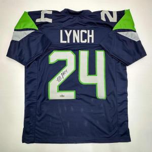 imageFacsimile Autographed Marshawn Lynch Seattle Blue Reprint Laser Auto Football Jersey Size Mens XL