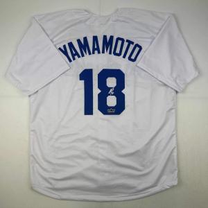 imageFacsimile Autographed Yoshinobu Yamamoto Los Angeles LA White Reprint Laser Auto Baseball Jersey Size Mens XL