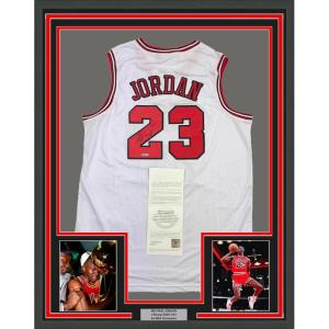 imageFramed AutographedSigned Michael Jordan 35x39 Chicago White Basketball Jersey Upper Deck UDA COA