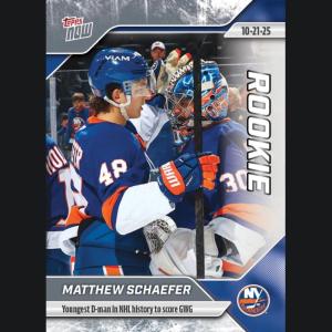 image2025 Topps Now Matthew Schaefer 14 Youngest Dman in NHL History to Score GWG New York Islanders Rookie RC Hockey Card