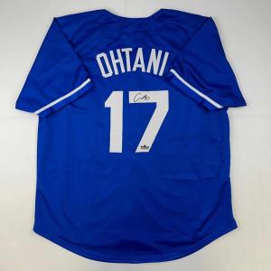 imageFacsimile Autographed Shohei Ohtani Los Angeles LA Blue Reprint Laser Auto Baseball Jersey Size Mens XL