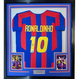imageFramed Facsimile Autographed Ronaldinho 35x39 FC Barcelona BlueRed Reprint Laser Auto Soccer Jersey