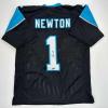 imageFacsimile Autographed Cam Newton Carolina Black Reprint Laser Auto Football Jersey Size Mens XL