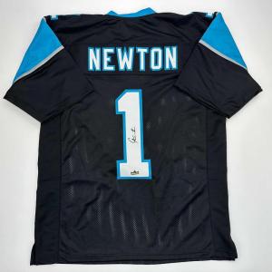 imageFacsimile Autographed Cam Newton Carolina Black Reprint Laser Auto Football Jersey Size Mens XL