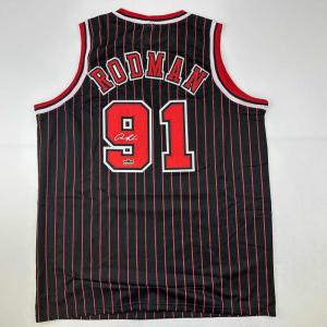 imageFacsimile Autographed Dennis Rodman Chicago Black Pinstripe Reprint Laser Auto Basketball Jersey Size Mens XL