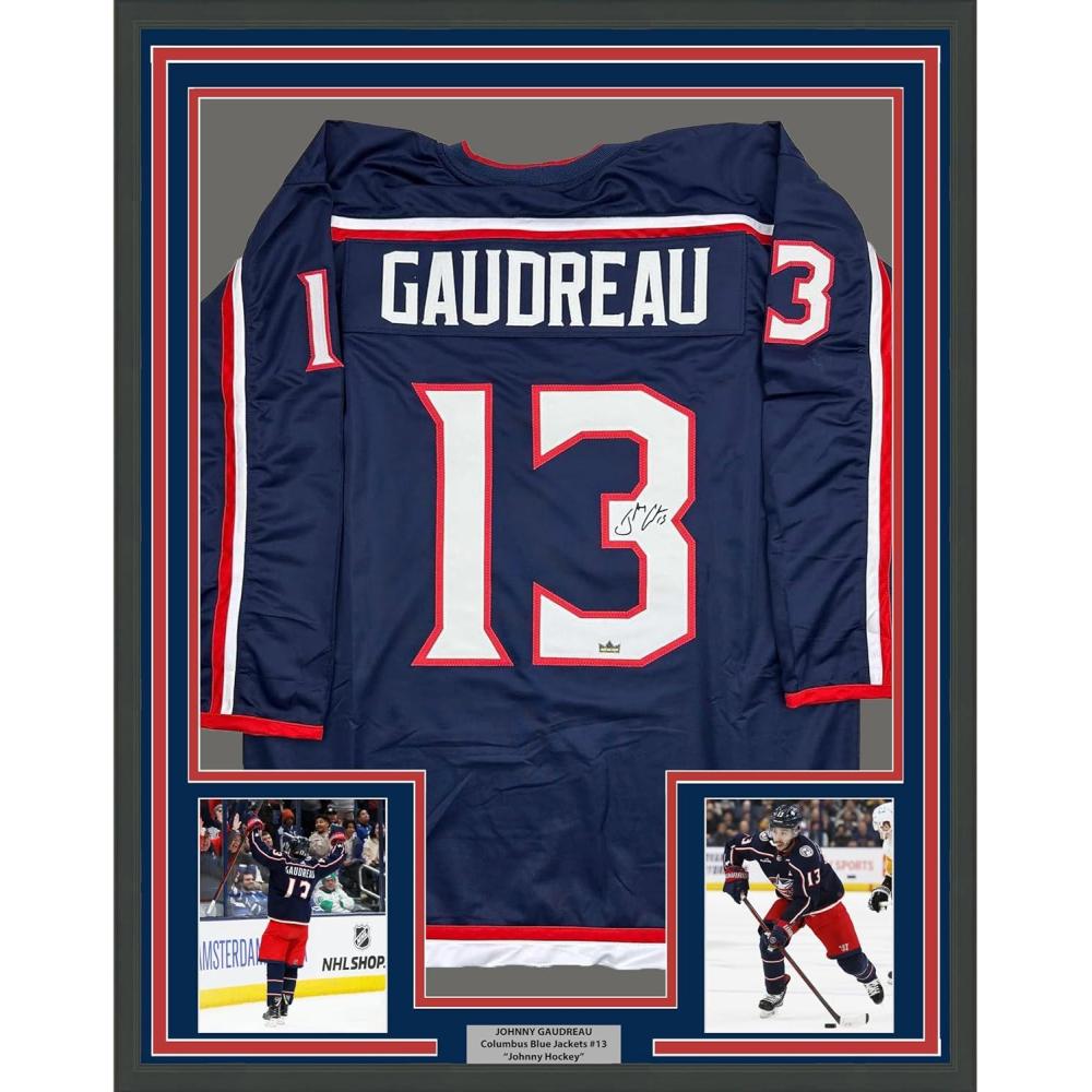 imageFramed Facsimile Autographed Johnny Gaudreau 35x39 Columbus Blue Reprint Laser Auto Hockey Jersey