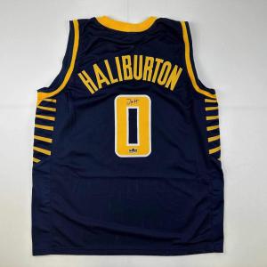 imageFacsimile Autographed Tyrese Haliburton Indiana Blue Reprint Laser Auto Basketball Jersey Size Mens XL